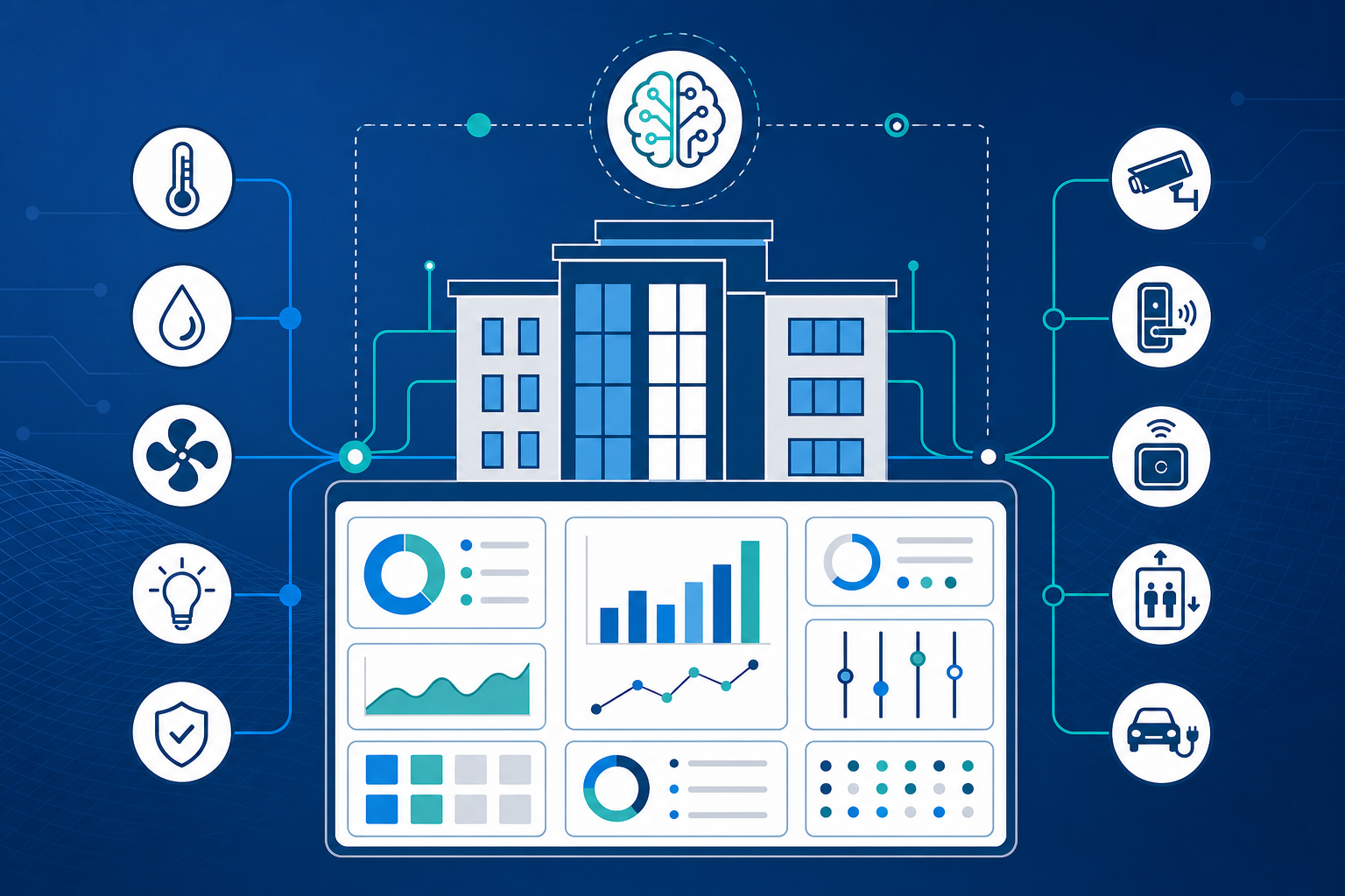 Smart building technology dashboard with digital property management systems and AI-powered analytics.