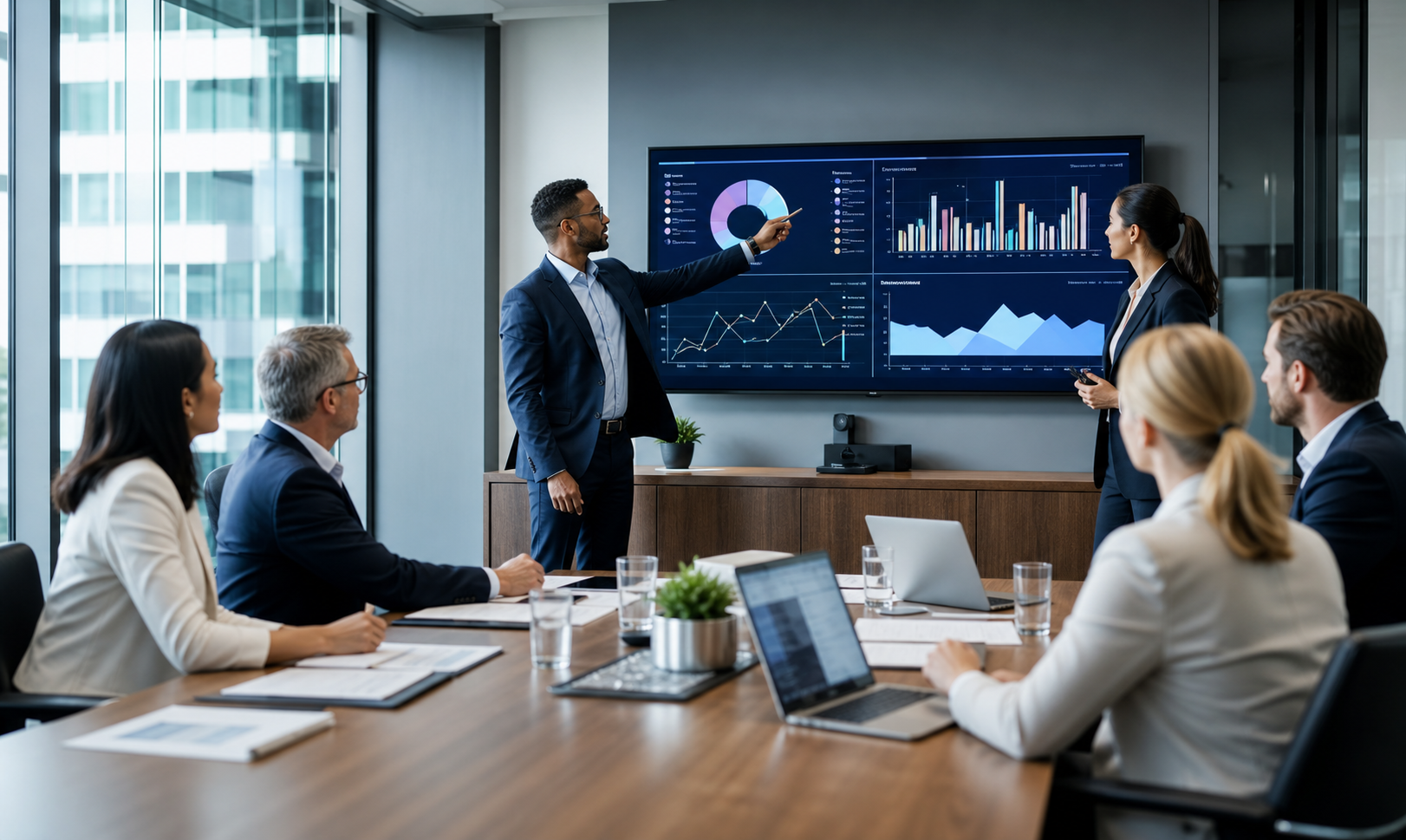 Business consultants presenting growth strategies and performance dashboards to executive teams.