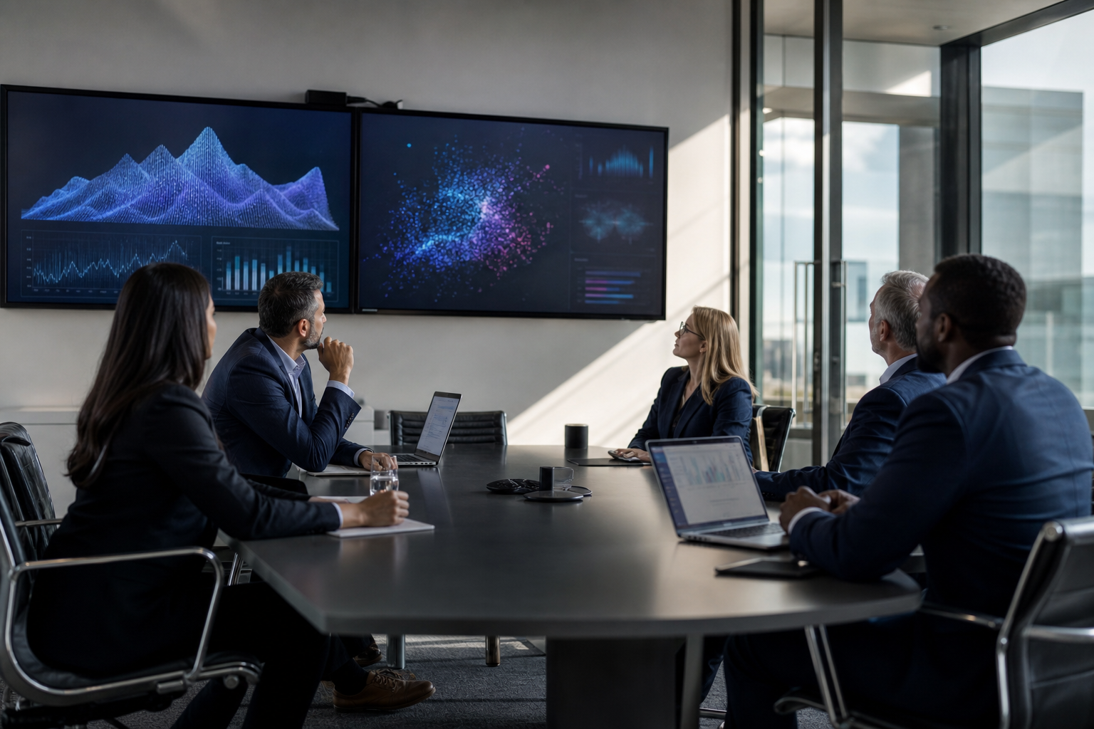Business executives reviewing AI-powered analytics dashboards.