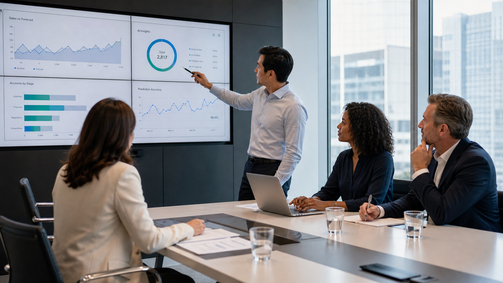Business leaders reviewing AI dashboards, automation tools, and predictive analytics reports.