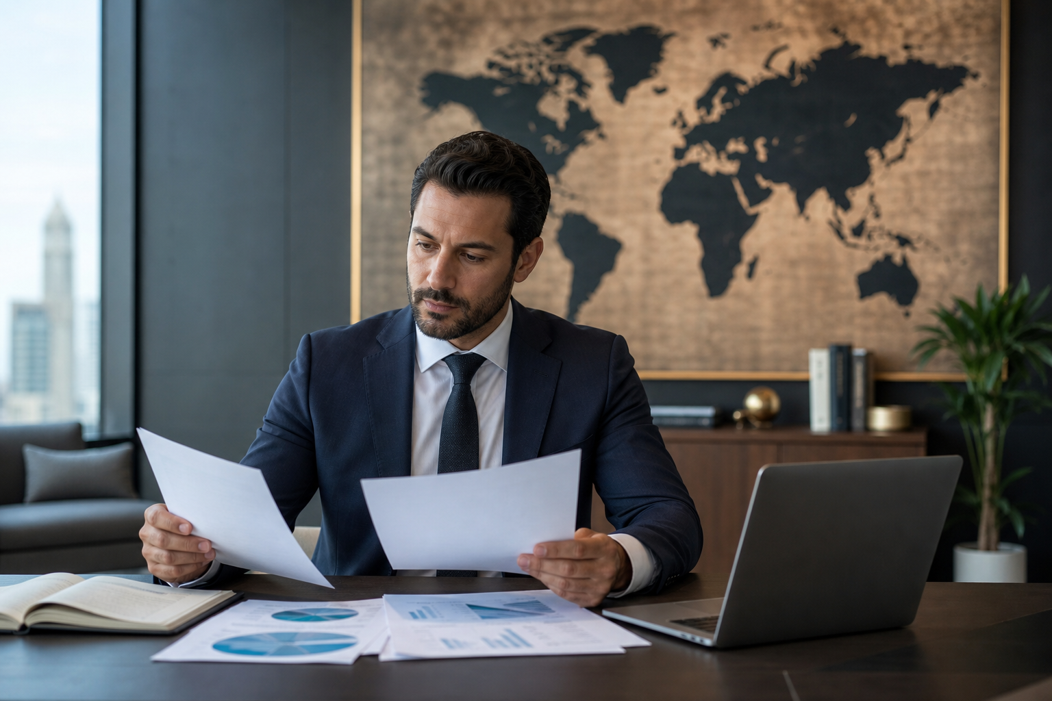 Business professional reviewing world maps, immigration documents, and international investment opportunities.