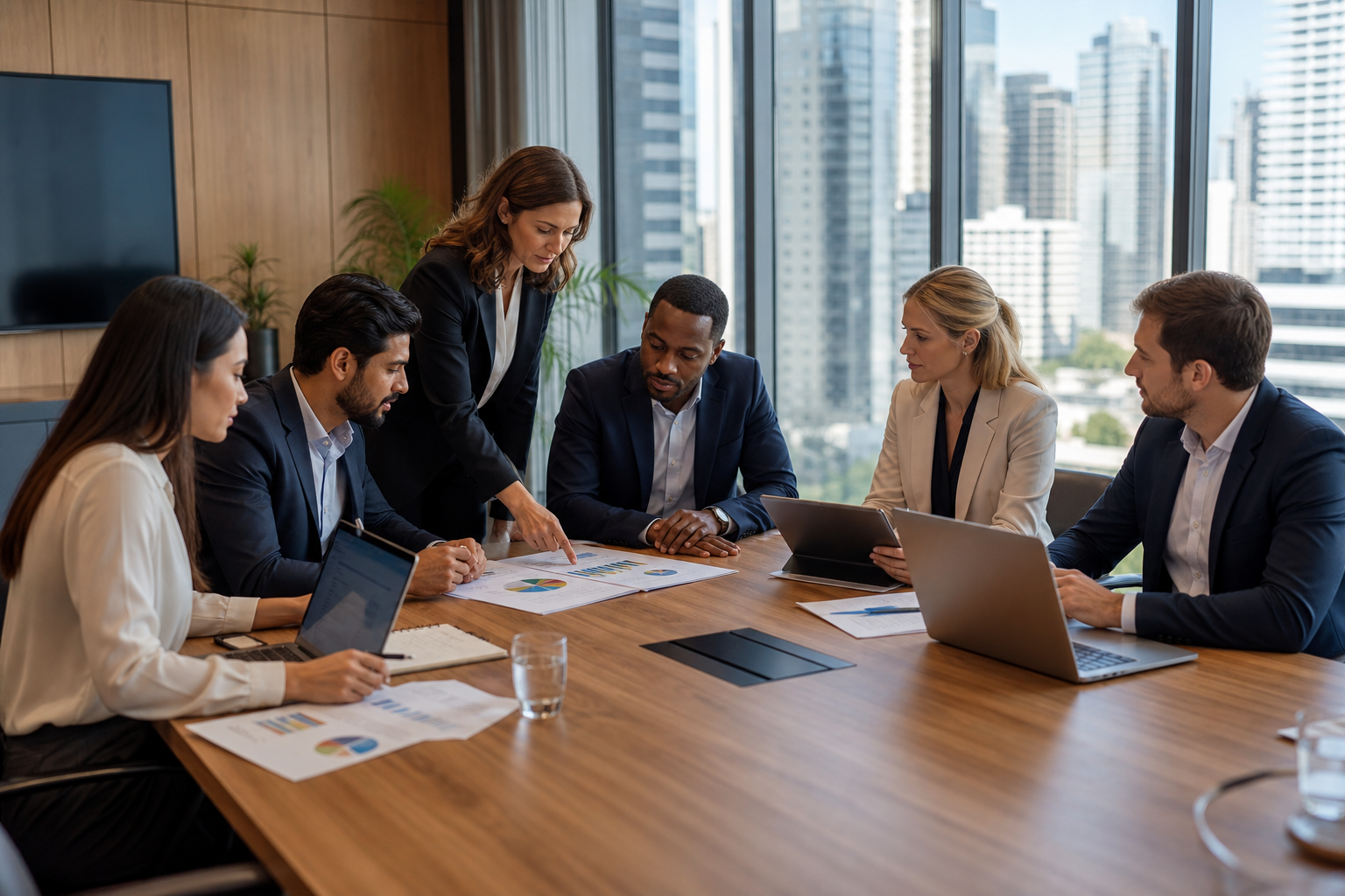 Business professionals analyzing market reports, customer data, and growth projections.