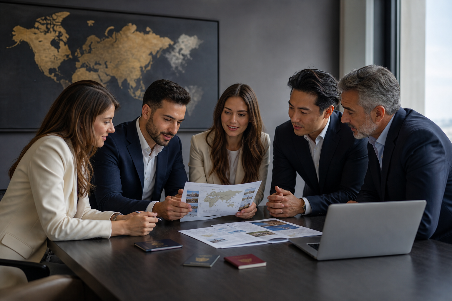 Business professionals reviewing international residency options with passports, global maps, and investment portfolios.