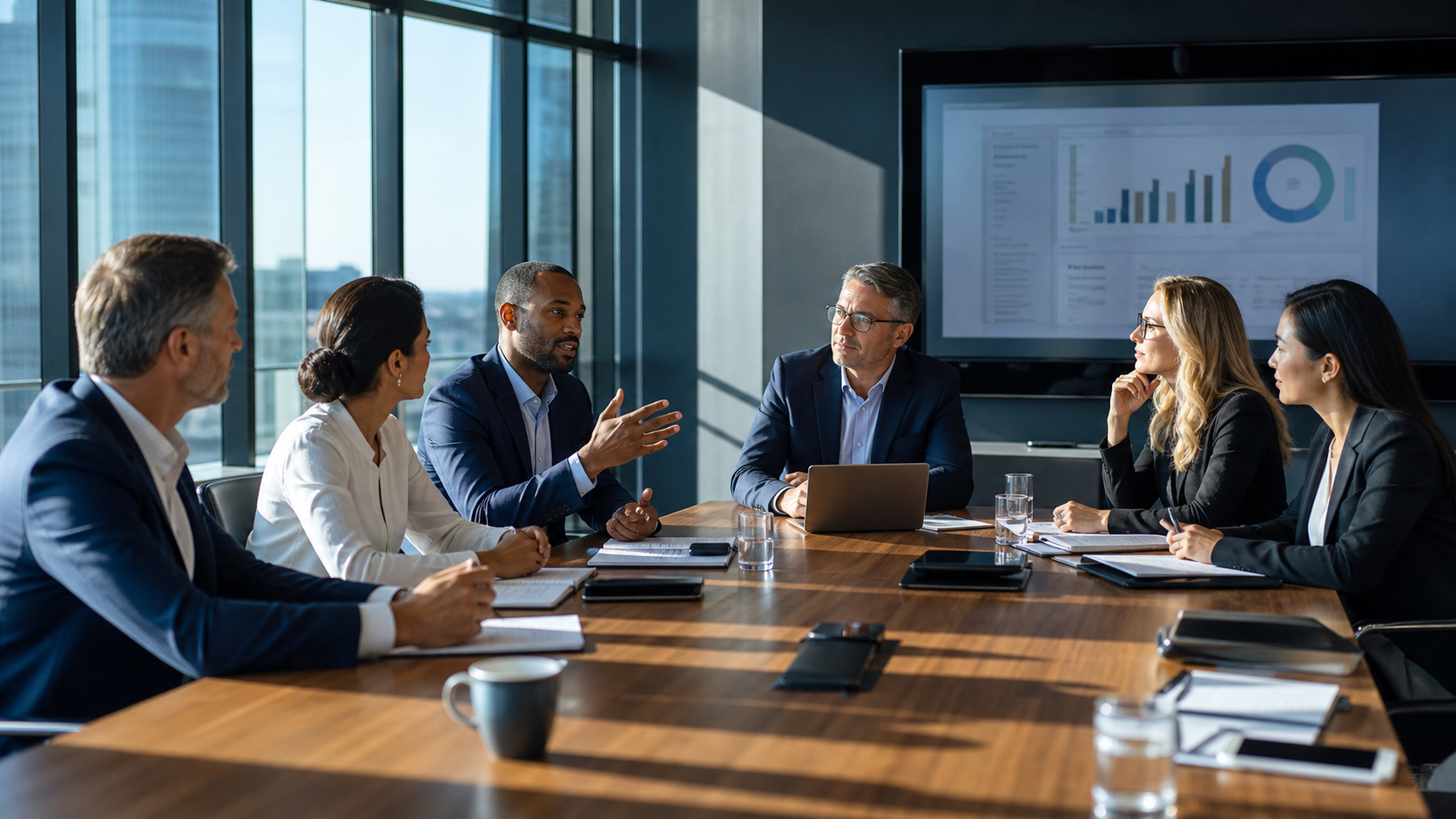 Corporate board meeting discussing governance, compliance, and strategic planning.