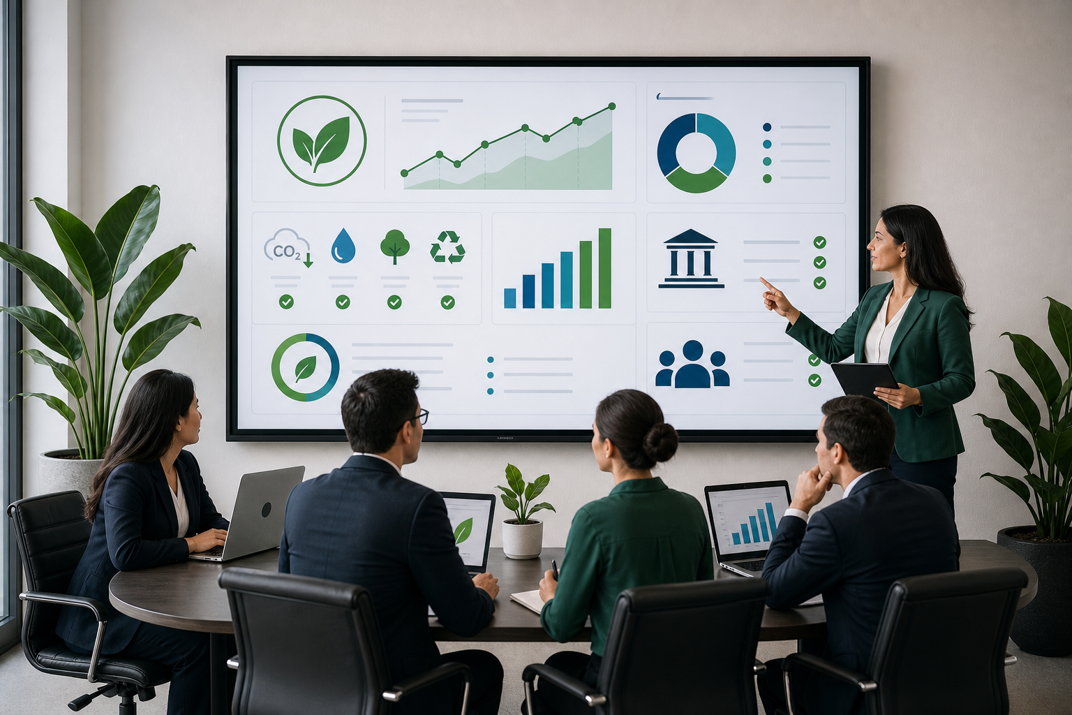 Corporate sustainability meeting with environmental and governance performance dashboards.