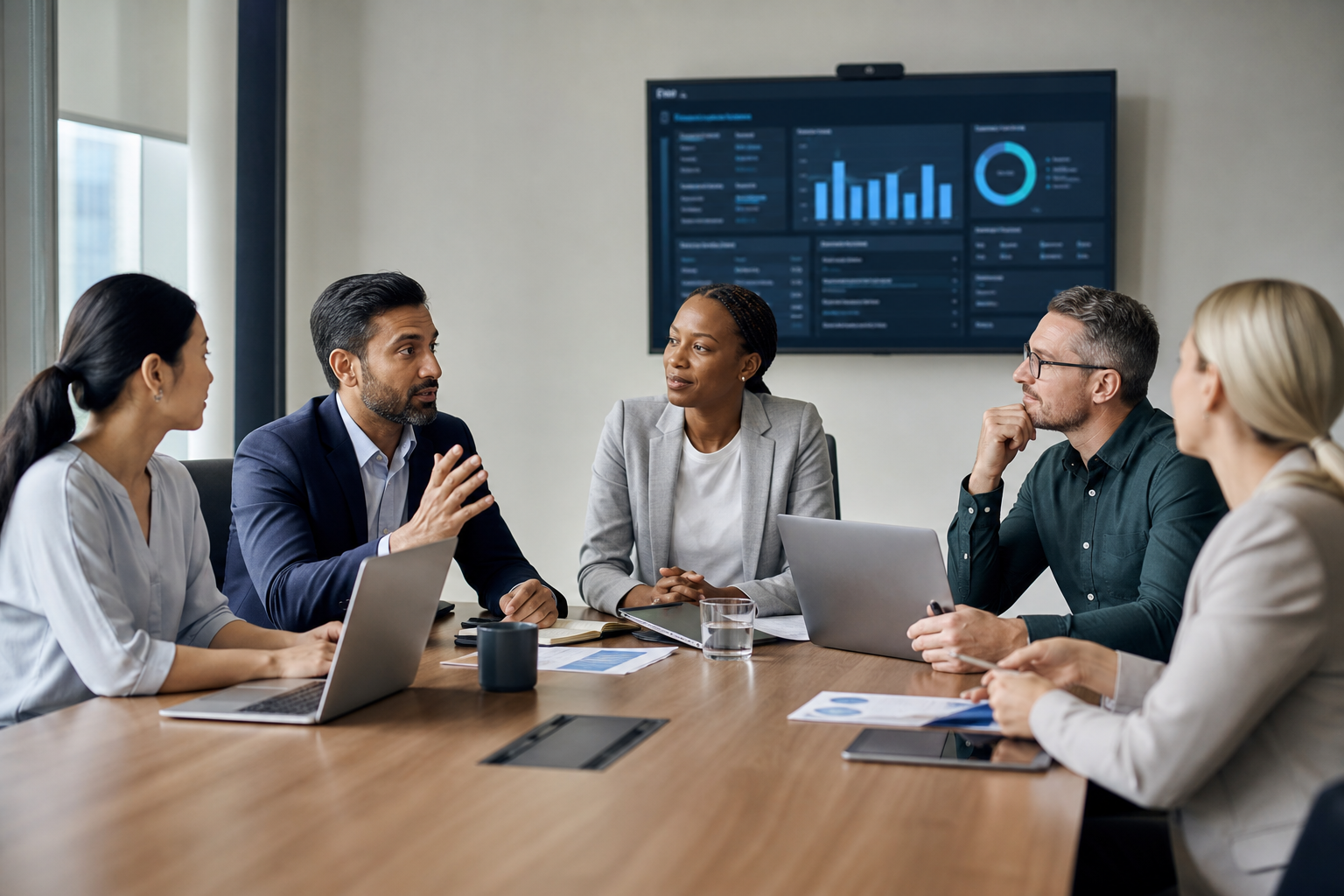 Digital dashboards, cloud technology, and executives discussing business transformation initiatives.