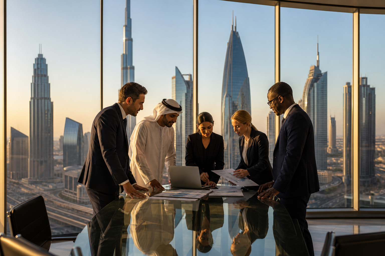 Dubai skyline with business executives reviewing investment opportunities.