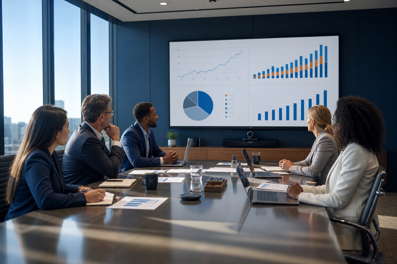 Executive team reviewing long-term business growth projections and strategic plans.