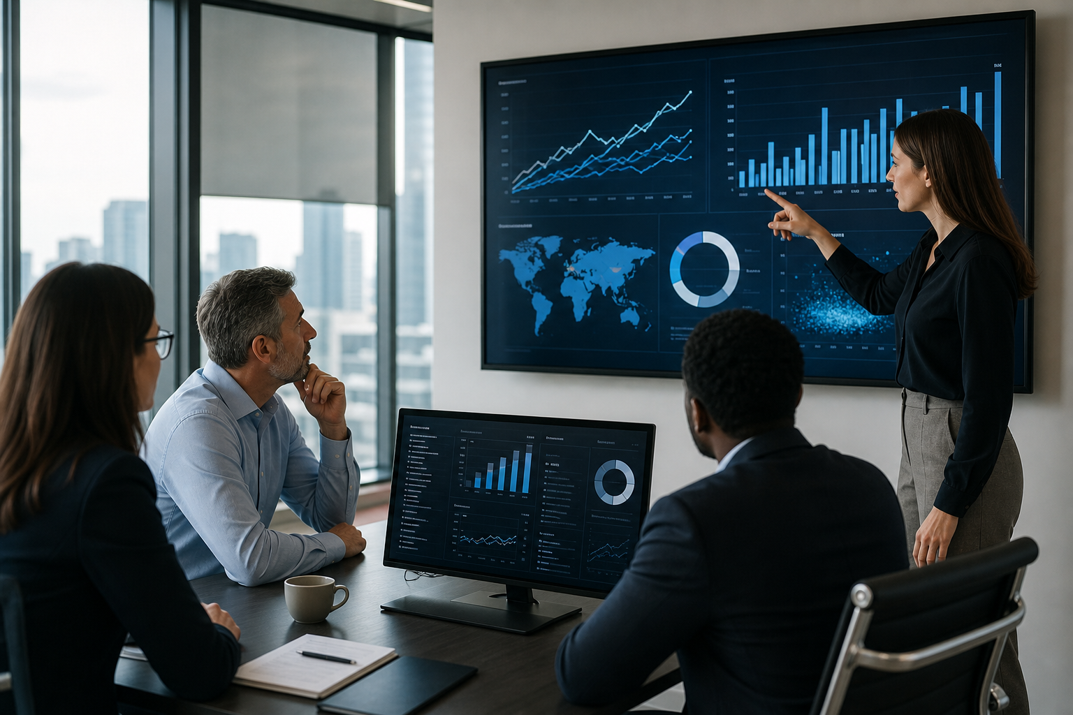 Executives analyzing business intelligence dashboards with charts, graphs, and predictive analytics visualizations.