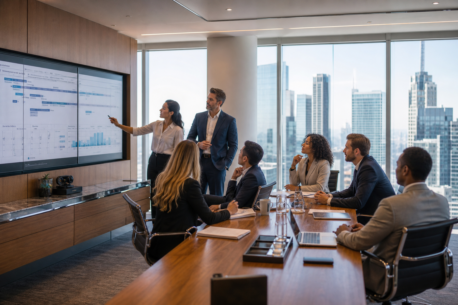 Executives reviewing digital transformation roadmaps and business technology dashboards.