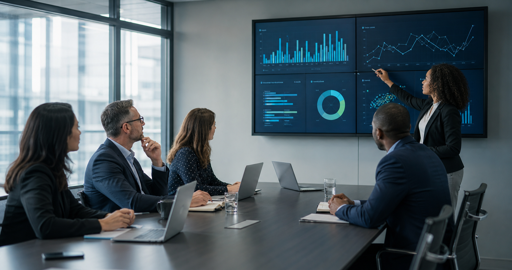 Executives reviewing digital transformation dashboards and business technology strategies.