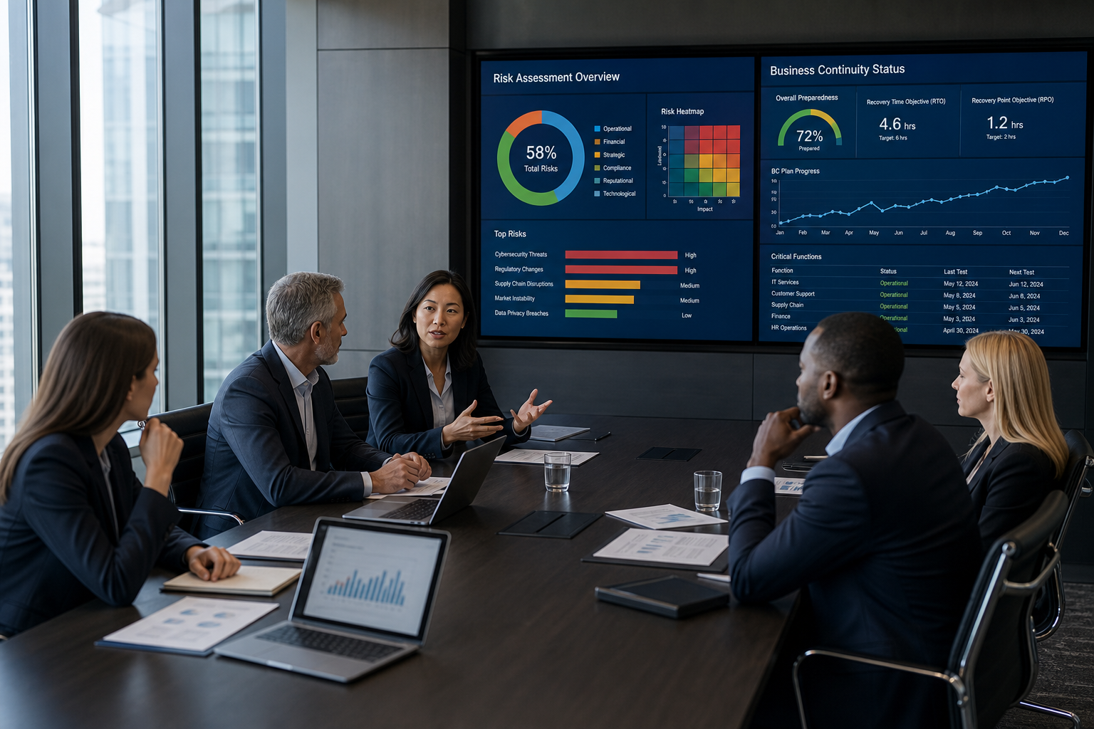 Executives reviewing risk assessment reports and business continuity dashboards.