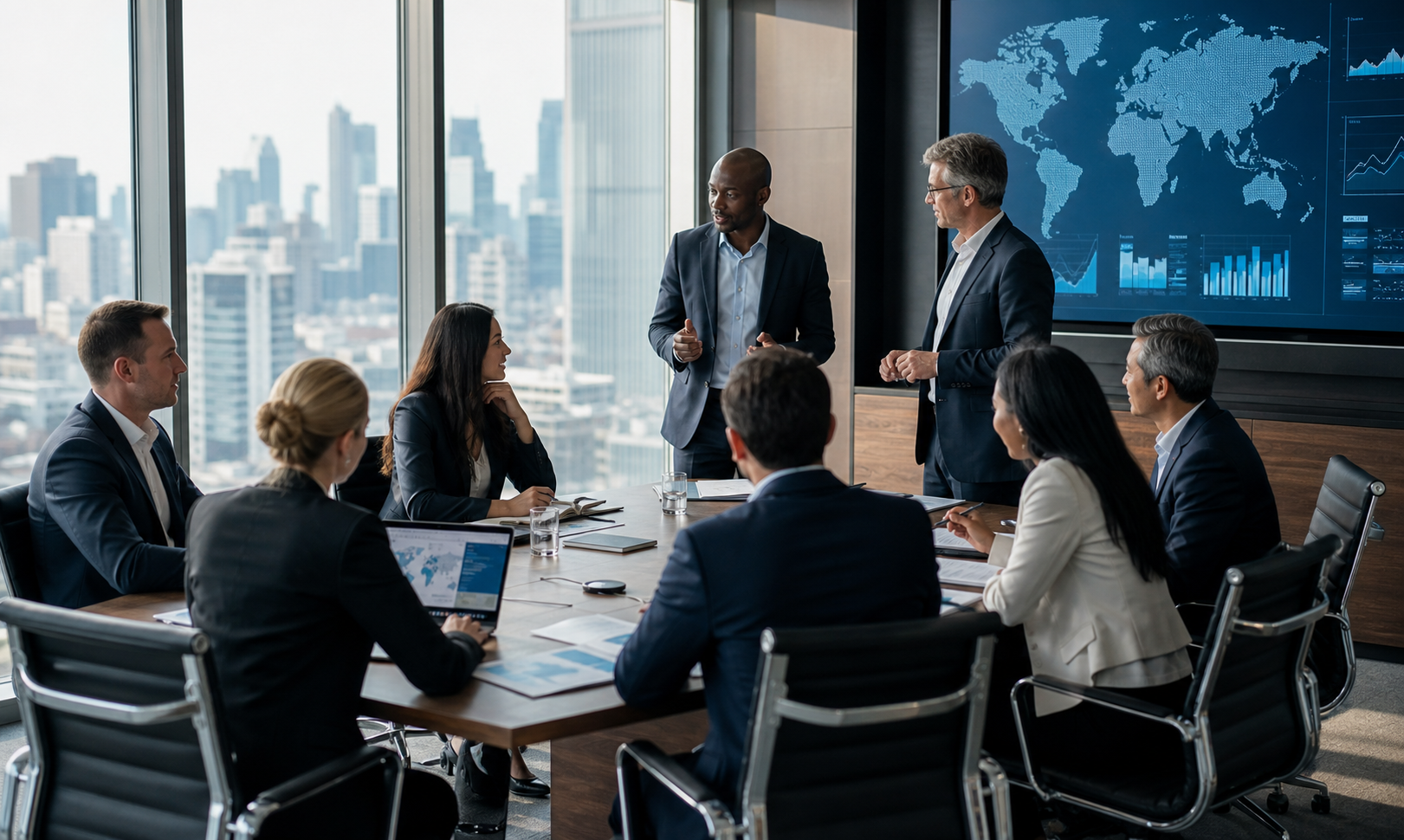Global business executives discussing international expansion strategies.