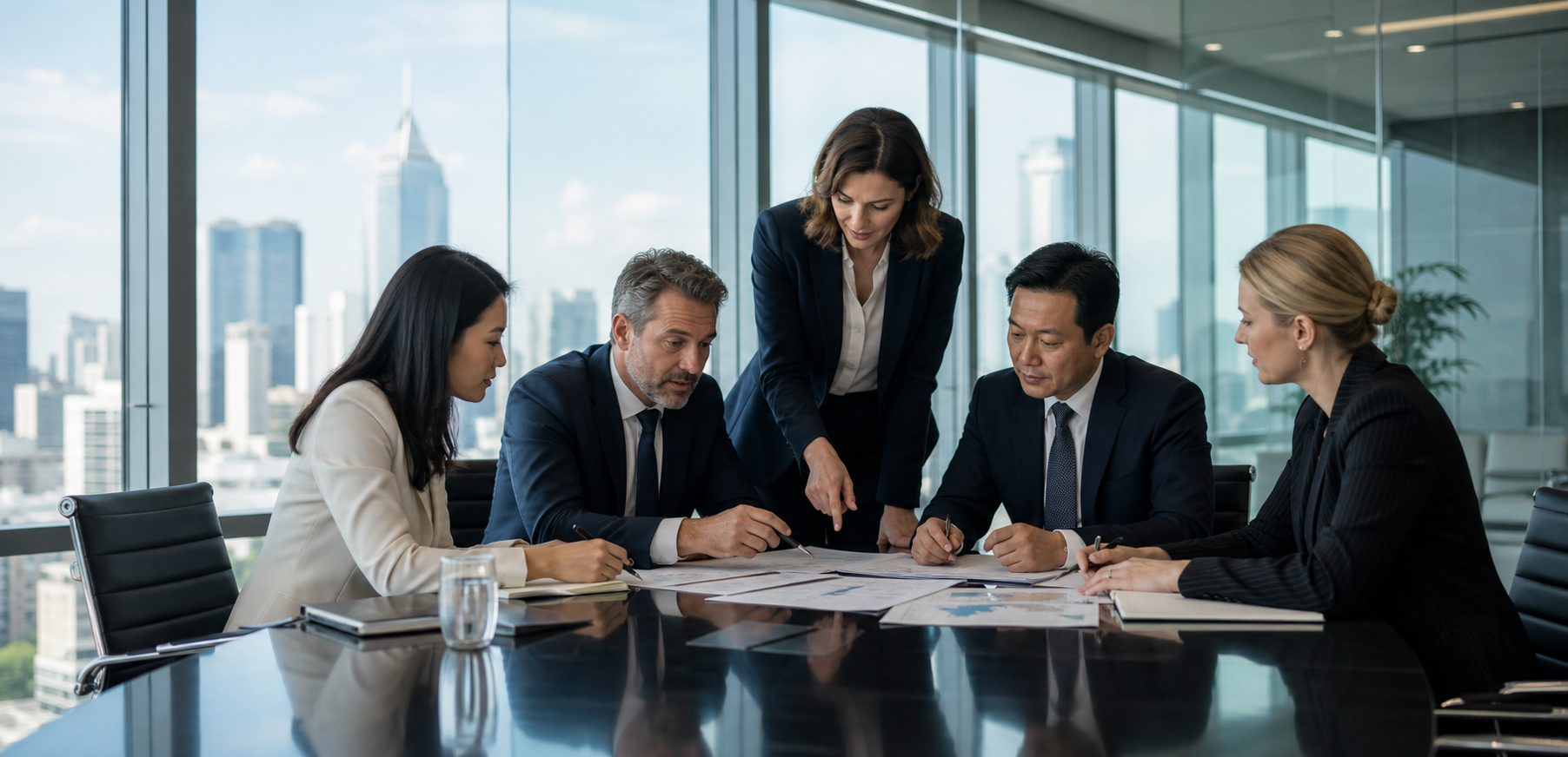International business executives reviewing global compliance documents and market entry strategies.