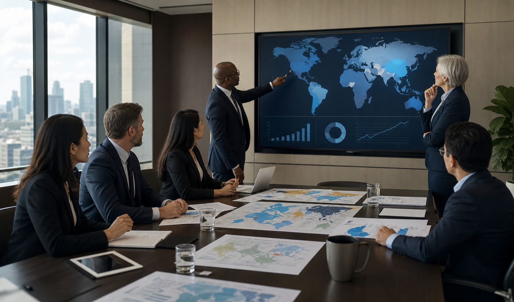 Business executives reviewing global market maps, international growth charts, and expansion strategies.