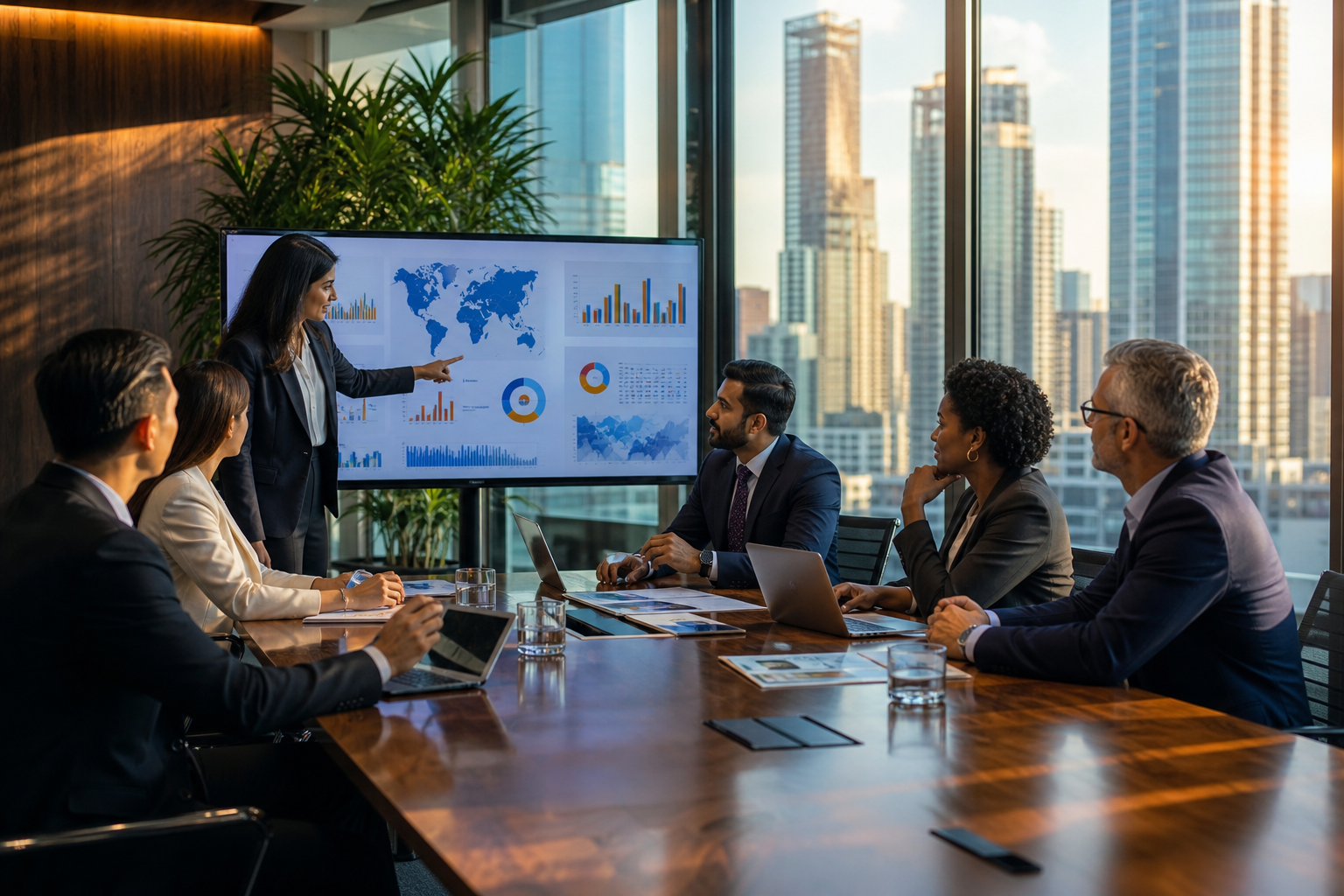 Business executives reviewing global market opportunities and international expansion plans.
