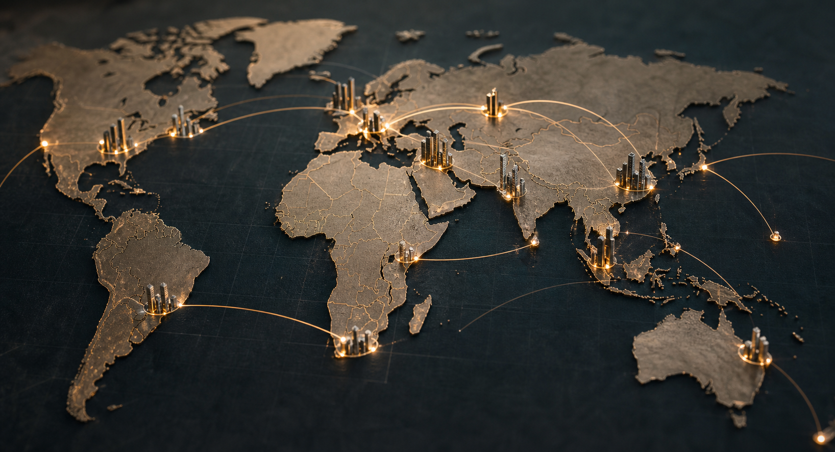 Global property investment map highlighting emerging cities and commercial developments.
