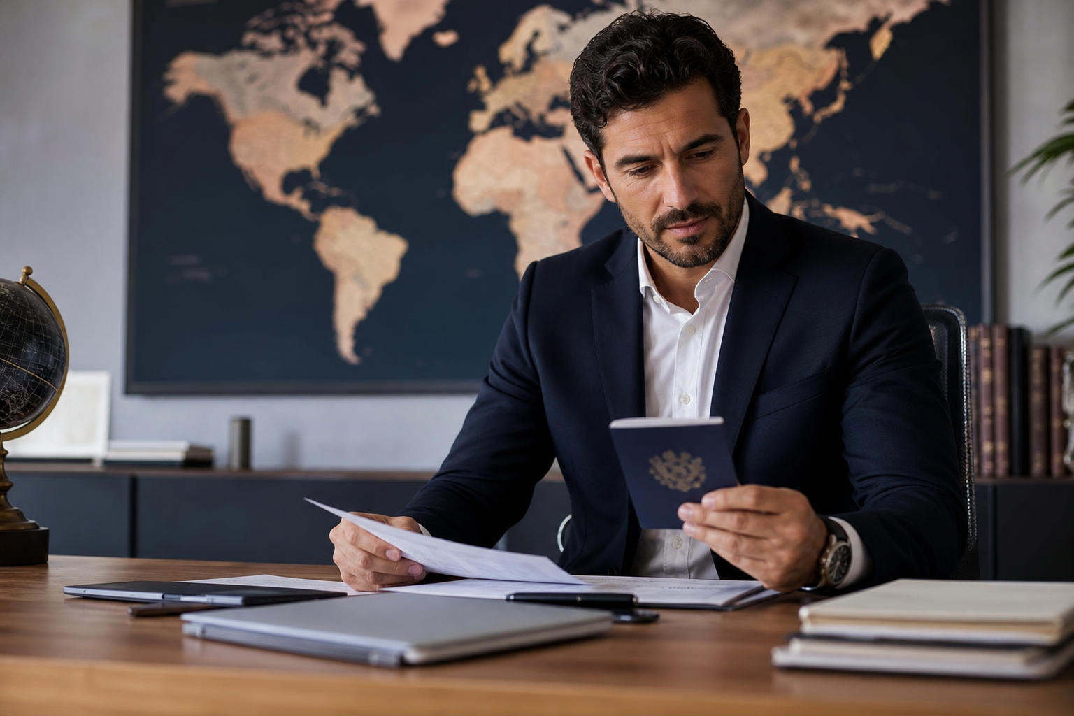 International investor reviewing global residency and investment opportunities with world map and passport.