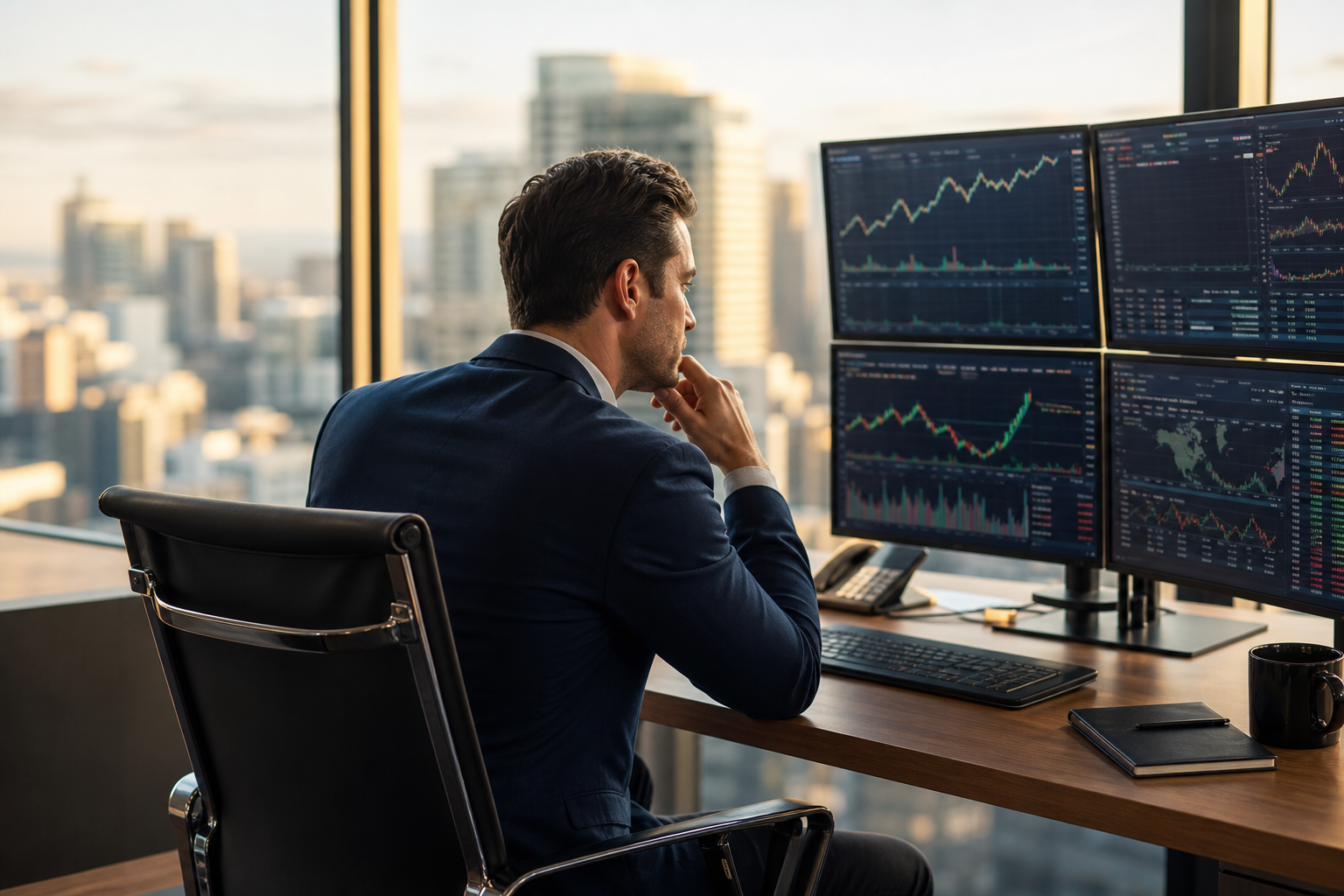 Investor reviewing global financial markets and diversified investment portfolio.