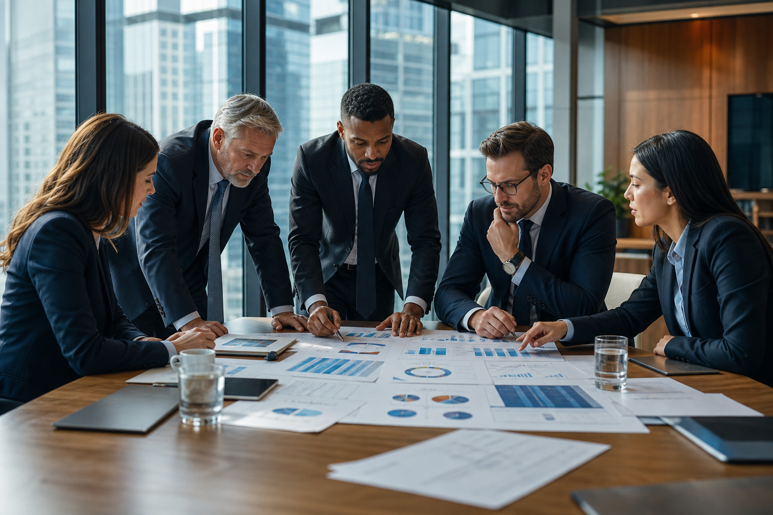 Modern office towers and commercial developments with investors reviewing market reports.