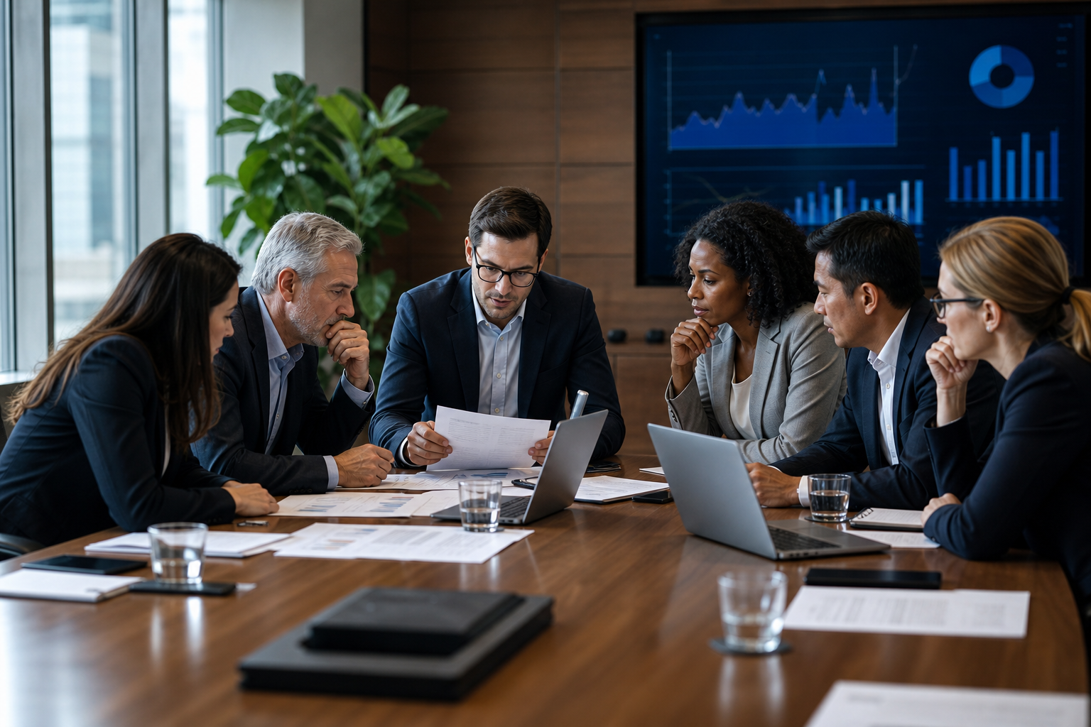 Investors reviewing financial reports, legal documents, and business performance data.
