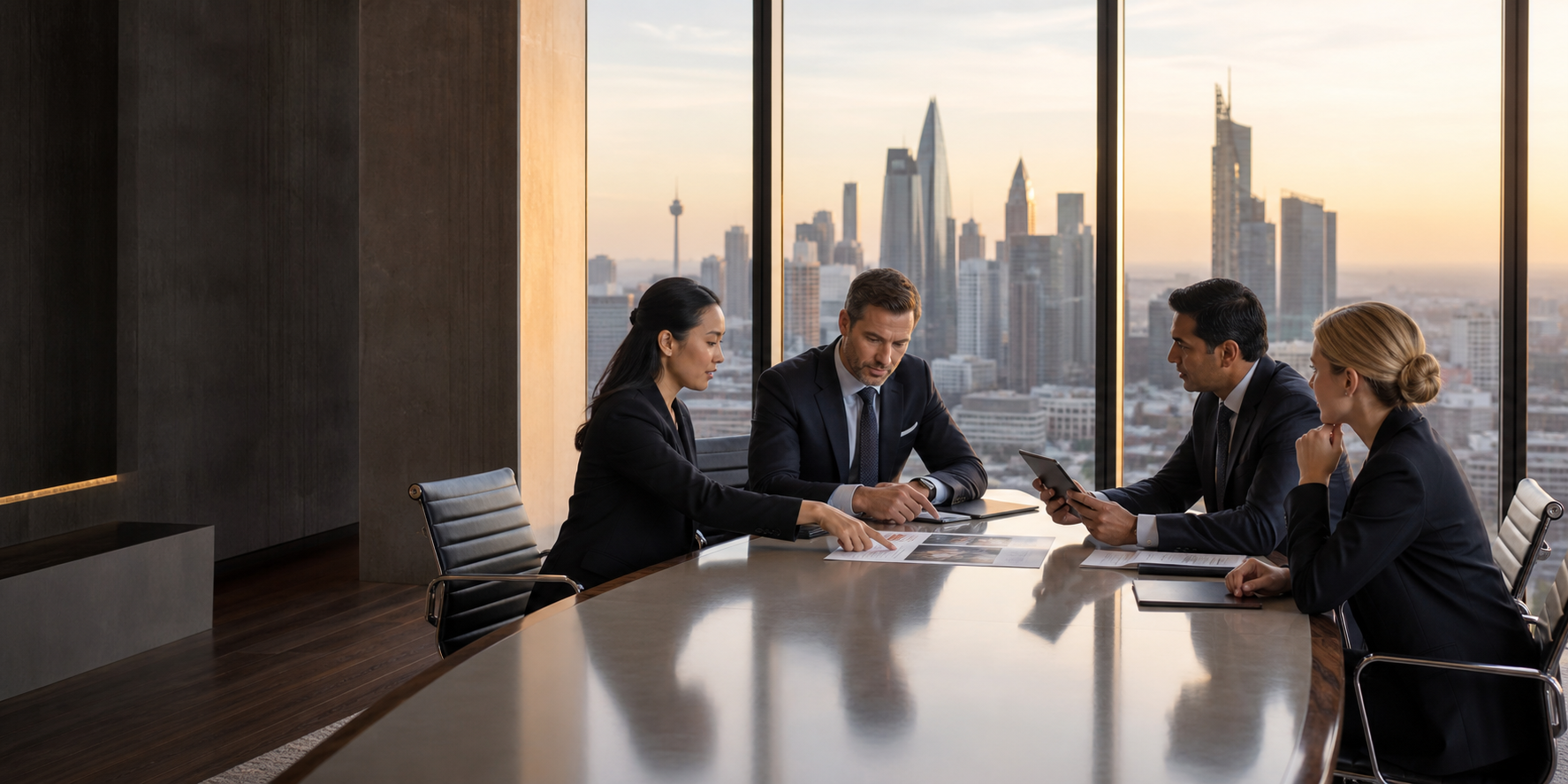 Luxury commercial properties and investment professionals reviewing international real estate portfolios.