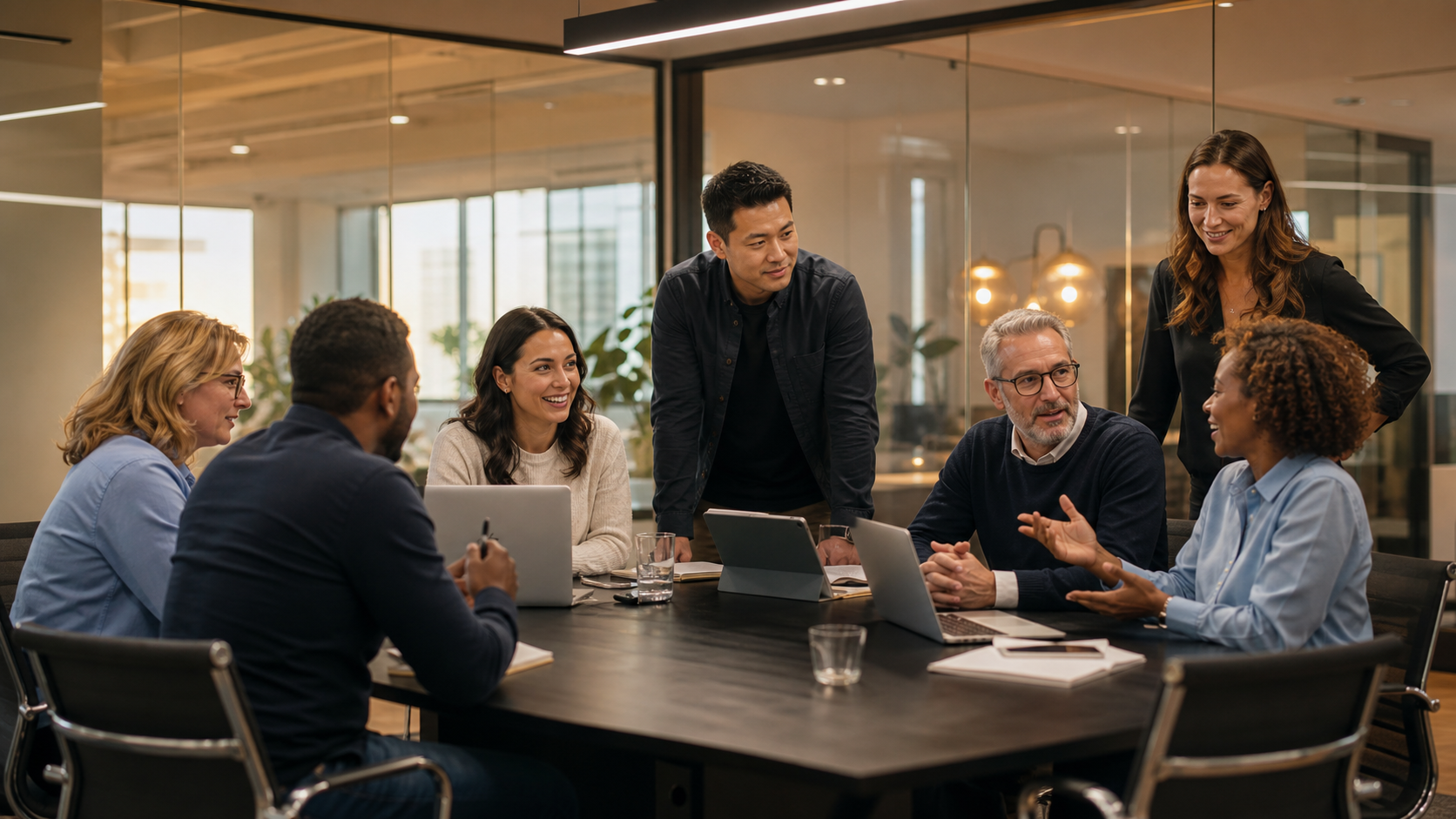 Diverse professionals collaborating in a hybrid workplace using digital technologies.