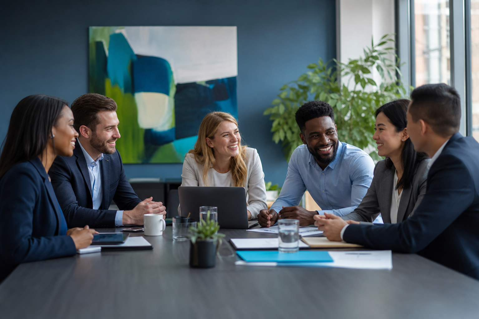 Diverse professionals collaborating in a modern workplace and celebrating team achievements.