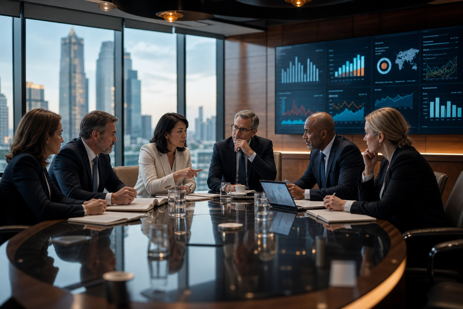 Senior executives collaborating around digital dashboards and strategic business plans.