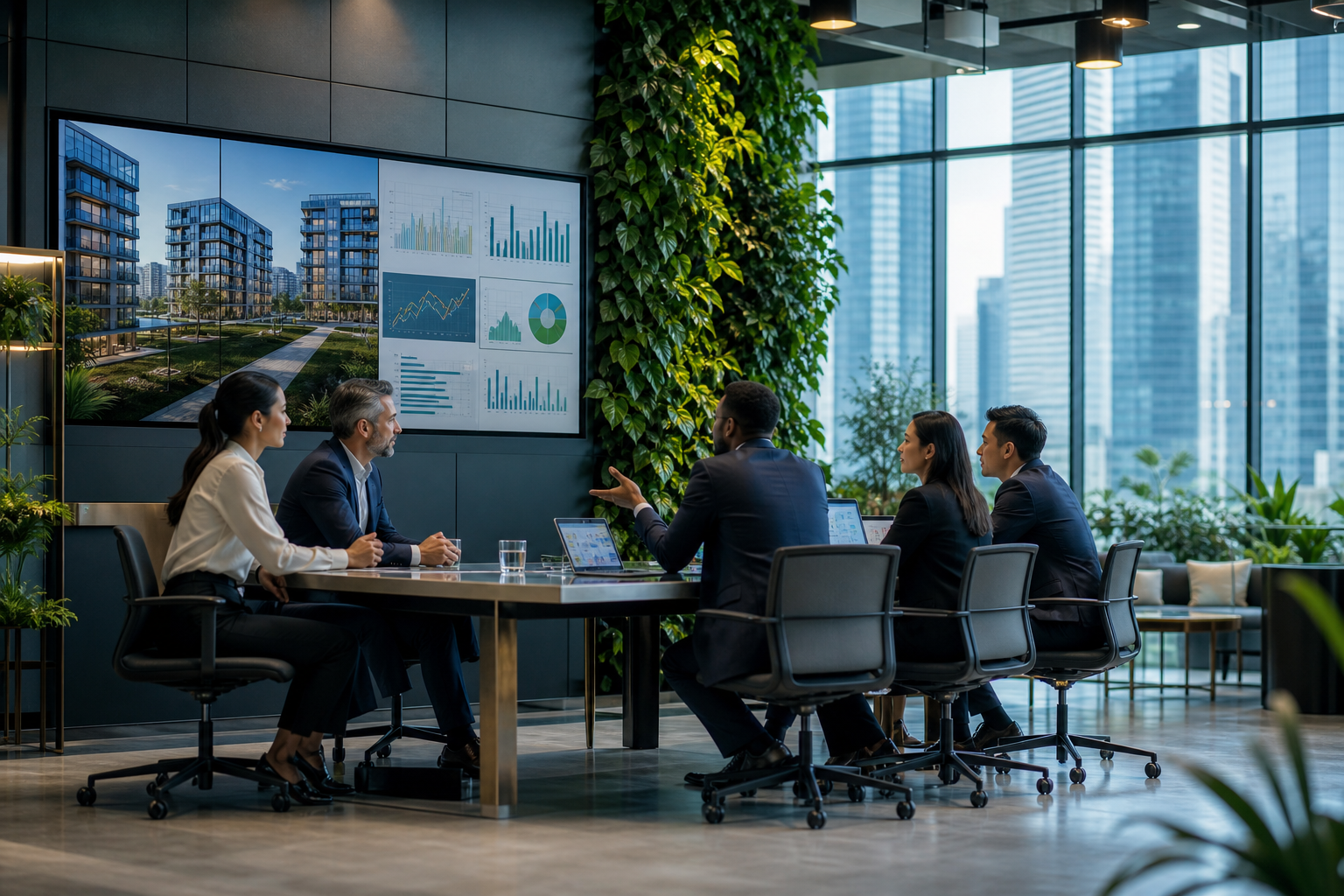 Smart buildings, digital property platforms, and investors reviewing real estate analytics.