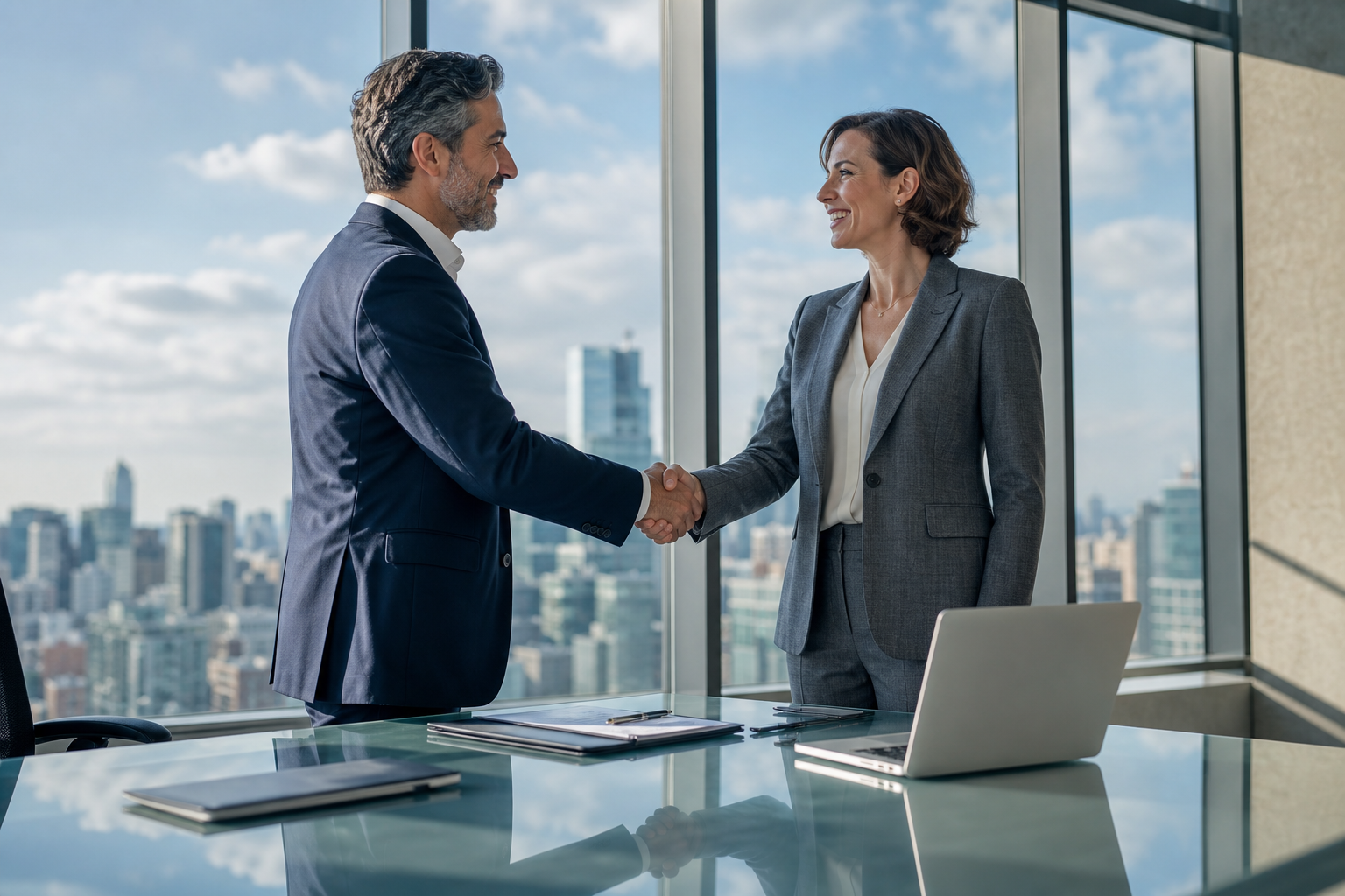 Business executives shaking hands after signing a strategic partnership agreement.